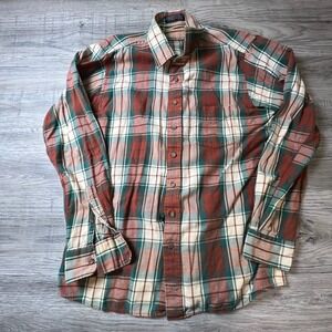 Vintage Plaid Flannel Shirt Mens L Orange Green‎ Cotton Thrashed Distressed K96